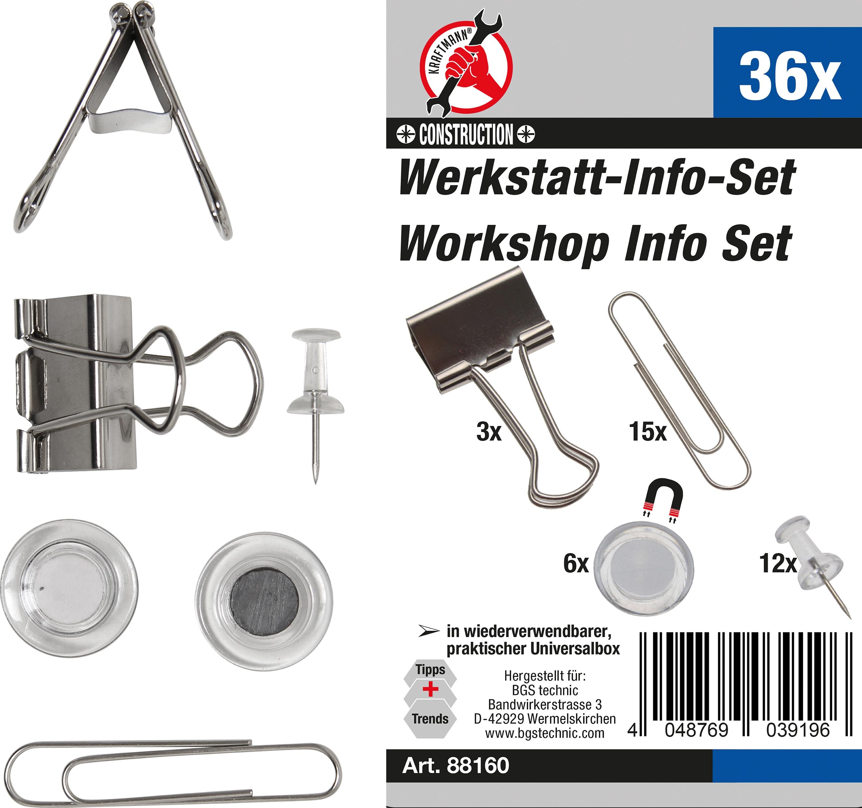 Werkstatt-Info-Satz mit Büroklammern, Magneten, Nadeln | 36-tlg.