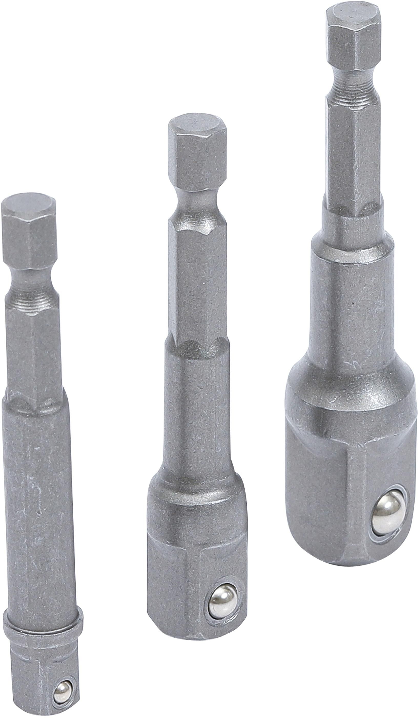 Adapter-Satz für Bohrmaschinen | Antrieb Außensechskant 6,3 mm (1/4") | Abtrieb Außenvierkant 6,3 mm (1/4") / 10 mm (3/8") / 12,5 mm (1/2") | 3-tlg.