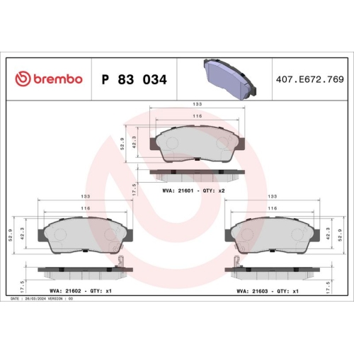 BREMBO Bremsbelagsatz, Scheibenbremse PRIME LINE