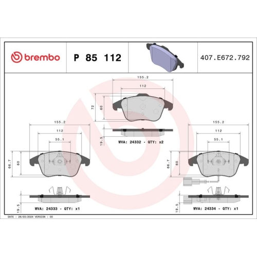 BREMBO Bremsbelagsatz, Scheibenbremse PRIME LINE