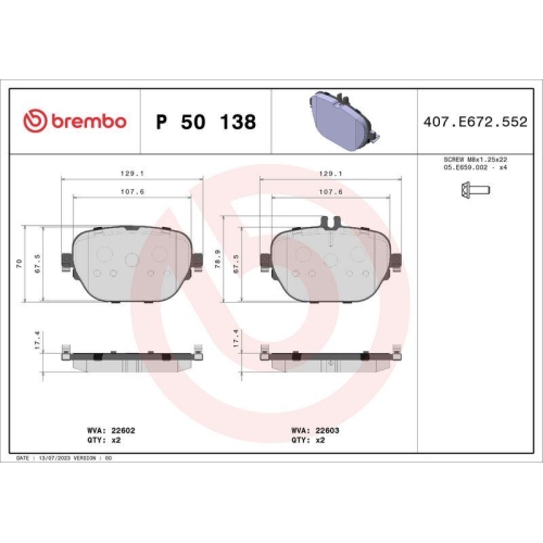 BREMBO Bremsbelagsatz, Scheibenbremse PRIME LINE