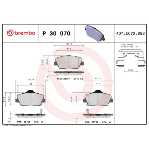 BREMBO Bremsbelagsatz, Scheibenbremse PRIME LINE