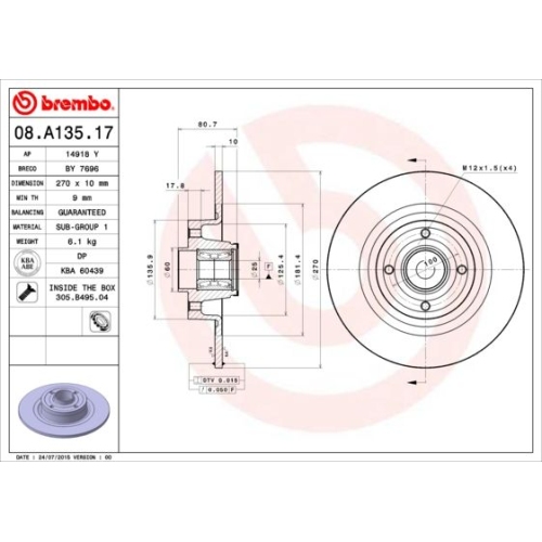 BREMBO Bremsscheibe PRIME LINE - With Bearing Kit