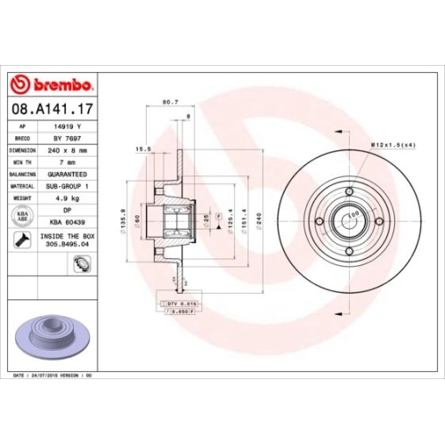 BREMBO Bremsscheibe PRIME LINE - With Bearing Kit