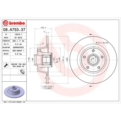 BREMBO Bremsscheibe PRIME LINE - With Bearing Kit