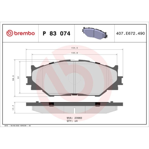 BREMBO Bremsbelagsatz, Scheibenbremse PRIME LINE