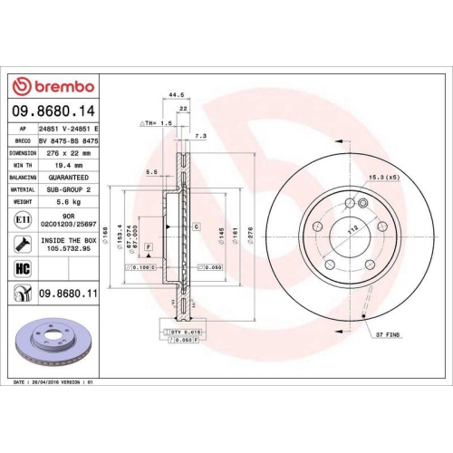 BREMBO Bremsscheibe PRIME LINE - UV Coated